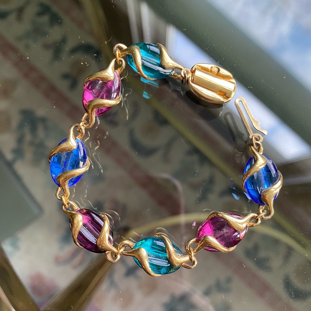 Vintage Swarovski Bracelet Multi-Color Gripoix Glass Gold Tone Swan Marked